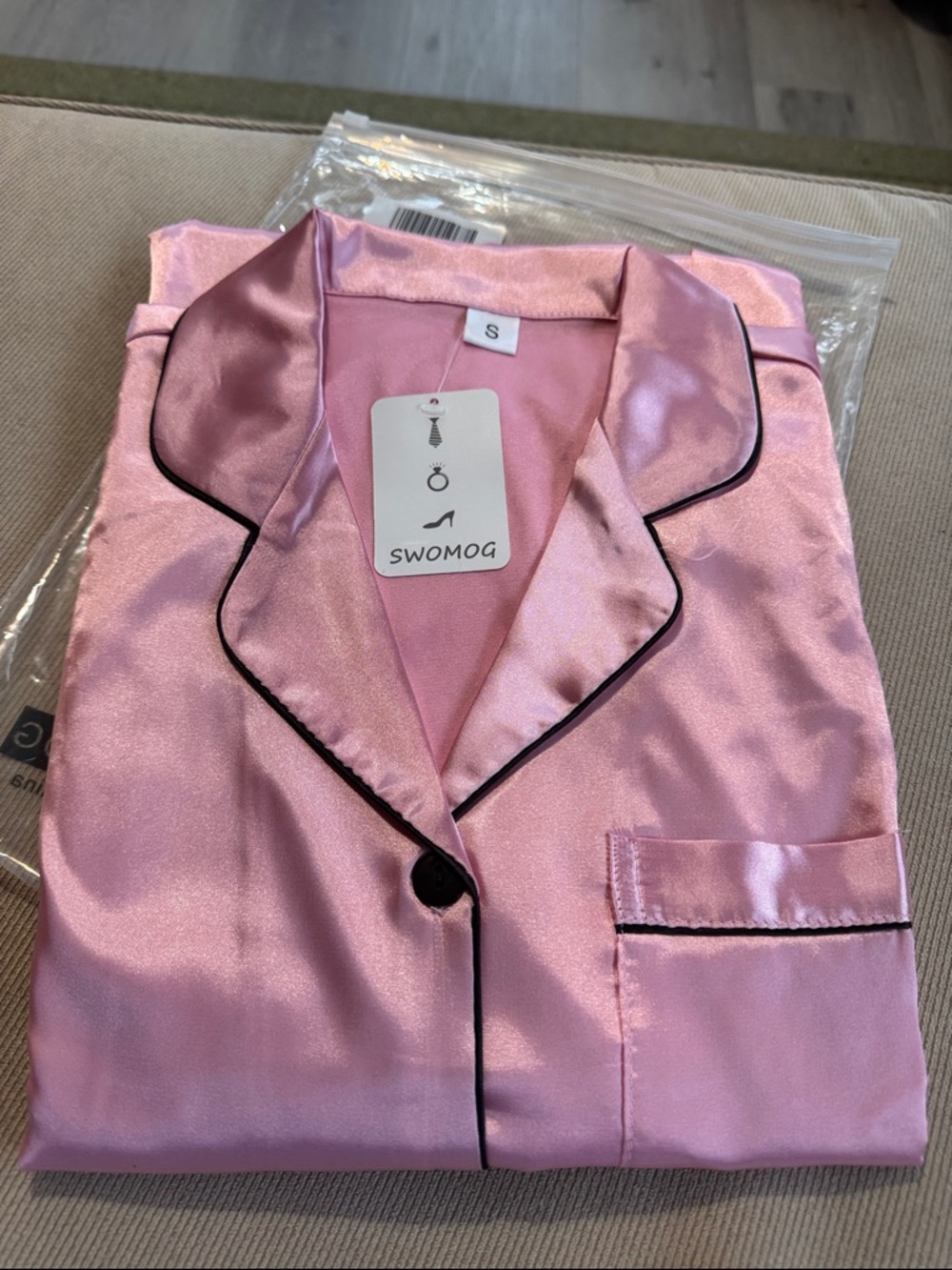 Women's Pink Satin Pajama Set with Black Trim